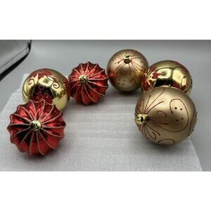 Ornament Christmas Balls 6 2 Red 2 Gold 2 Matte Round 10" 2 Finial 9" No Box